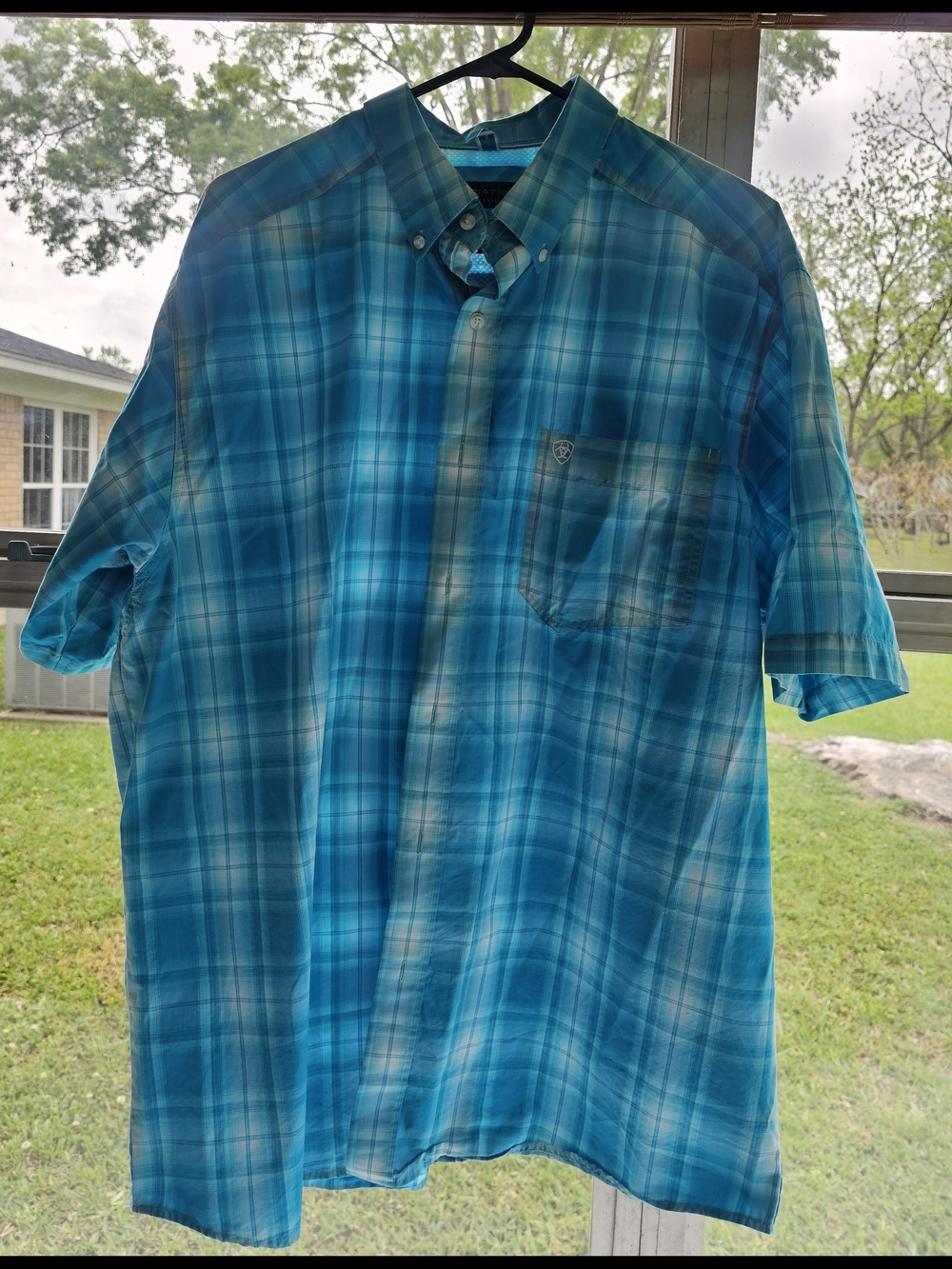Ariat Pro Series Men's Turquoise Plaid Short-Sleeve Button-Down Shirt Size XL